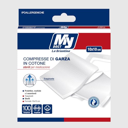 My Doct Compresse Di Garza Sterili% Cotone, Colore, Maxi Pack Pezzi, Bianco, 10x10 cm, 100 Unità