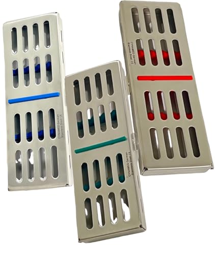 3 Pack Sterilization Rack with Place Holder Silicone Inserts for 5 Handpieces | Dental Instruments Autoclave Rack | German Stainless Steel (Blue, Green, Red)