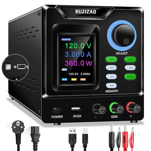 RUZIZAO Fuente de Alimentación Regulable Programable 120V 3A, Fuente Alimentación Laboratorio con Software PC, Perilla Codificadora, Almacenamiento de Memoria, Interruptor de Salida y Botón de Bloqueo