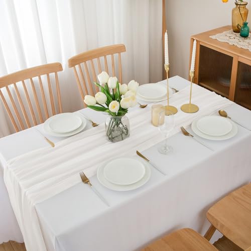 CHUQING Chiffon Tischläufer Hochzeit Tischdeko Stoff Tischdecke Weiß – Ansicht 6