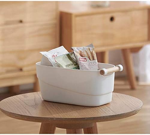 RyddeligHome Bathroom Storage Baskets Box Organiser Container Bin with Wooden Handle 9 litre for bathroom kitchen cupboards cabinets bedroom kids pantry caddy - pack of 1, white plastic decorative
