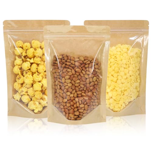 100 bolsas resellables, bolsas de papel kraft de pie con ventana frontal transparente, bolsas de almacenamiento de alimentos con cierre de cremallera de 7.08 x 10.23 pulgadas, bolsas sellables