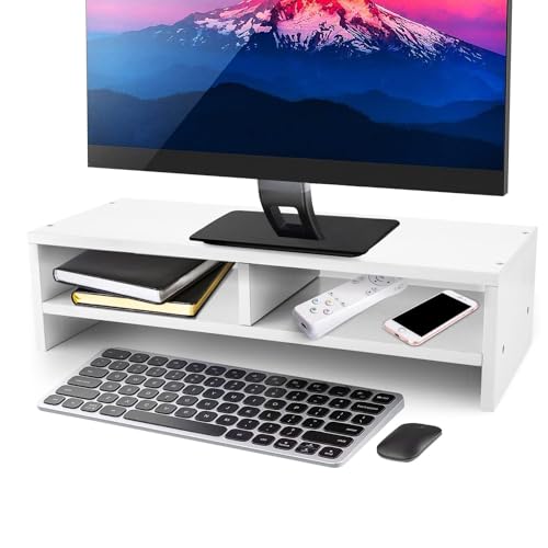 2-Tier Wooden Monitor Stand Riser with Storage Shelf Desk Organiser 500x200x132mm for Home Office PC & Computer Accessories (White)