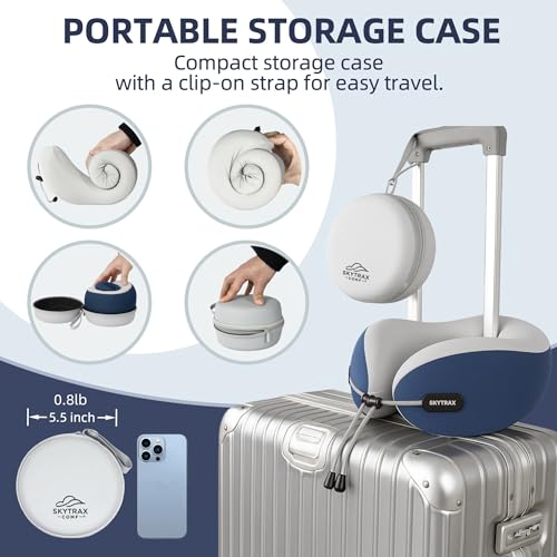 SKYTRAX COMF® Premium Ergonomic Memory Foam Travel Neck Pillow, Washable Cooling Ice Silk Cover, Firm Neck Support for Airplane Long Flights & Pain Relief, with Portable Carry Case (Navy Blue) - Image 6