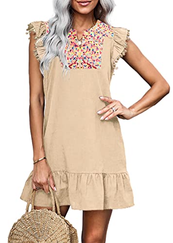 Image of KIRUNDO Boho Summer Mini Embroidered Dresses for Women | Floral Embroidery, Casual V Neck, Spring Fashion, Sleeveless Shift, Mexican Style, Ruffle Hem, Cute Country Concert Outfits