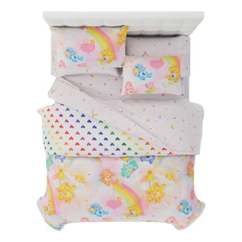 Image of Care Bears Classic Retro Rainbow Bedding 7 Piece Super Soft Comforter and Sheet Set with Sham, Queen, (100% Official Licensed Product) By Franco Collectibles