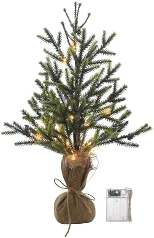 Artificial Tabletop 22 Inch Mini Christmas Tree, Plastic Light Green Needles and Brown Pinecone with LED String Lights, Fake Xmas Tree for Festive Home Decor
