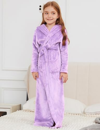 Image of Jxstar Girls Bathrobes Kids Long Hooded Robes Plush Full Length Coral Fleece Pajamas Sleepwear