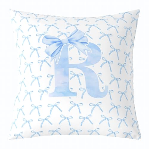 Cartoon Bowknot Kids Throw Pillow Cover,Blue Bow Tie Letter R Knot Princess Double Sides Pillow Case Girls Women,Watercolor Bow Patchwork Blue White Bed Couch Sofa Cushion Cover,Single Pack 16"x16"