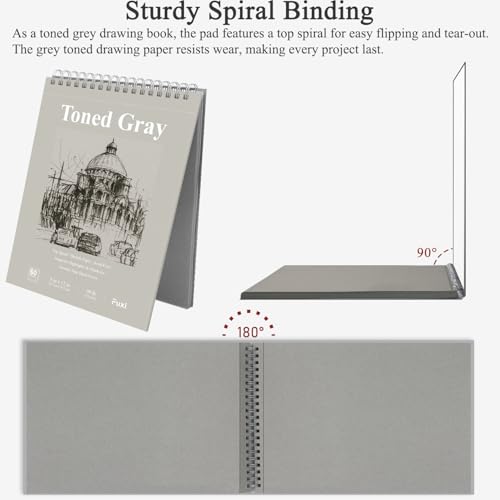 Image of Fuxi Toned Grey Sketch Pad, 9x12 Spiral Sketchbook, 60 Sheets (85lb /130gsm) Art Paper, Artist Paper for Drawing with Pencil, Charcoal for Artists & Students, Art Class.