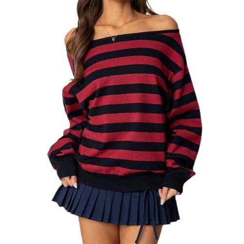 Women Gothic Striped Off Shoulder Sweater Y2k Oversized Long Sleeve Knitted Pullover Top Grunge Emo Clothes (Red and Black, M)