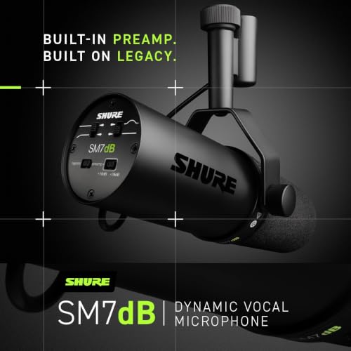 Image of Shure SM7dB Dynamic Studio Microphone with Built-in Preamp - XLR Mic for Podcasting, Streaming & Vocal Recording, Wide Frequency Range, Smooth Warm Audio, Detachable Windscreen, Black | Requires Plus 48V Phantom, Cardioid Dynamic, 50 Hz-20 Khz, Includes Windscreen
