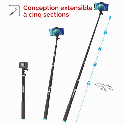 Smatree SmaPole Extensible Selfie Stick, Poteau télescopique pour GoPro Fusion, GoPro Hero 13/12/11/10/9/8/7/6/5/4/3/2/1/Session et DJI Osmo Action 3/2 (Version étendue 43-221cm) – vue 3