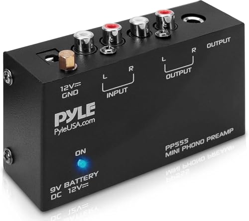 Pyle Preamplificatore Phono Mini per Giradischi, Amplificatore Audio Stereo con Vano Batteria 9 Volt, Adattatore DC 12 Volt, Ingressi e Uscite RCA, Basso Rumore