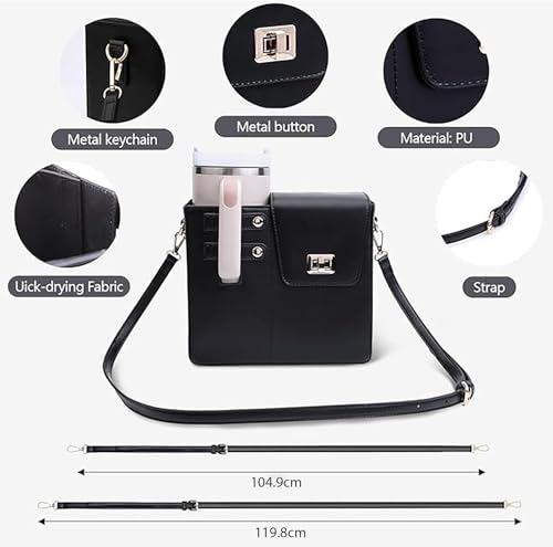 Image of House of Quirk Outdoor Portable Crossbody Tumbler Holder Bag with Purse Compartment - Travel Water Bottle Carrier for Hiking, Walking, Camping (Black)