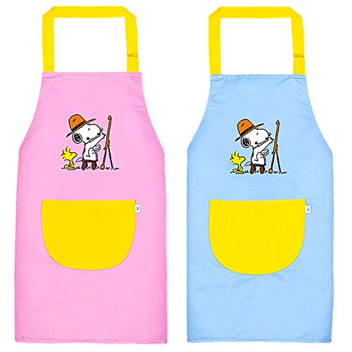 FANDE Delantal para Niños, 2PCS Delantales para Niños con Bolsillos, Delantales para Niños Y Niñas, Ajustable, Utilizado para Cocinar Y Hornear Pintura Artística, Apto para 6-8 Años, (Azul + Rosa) Cover