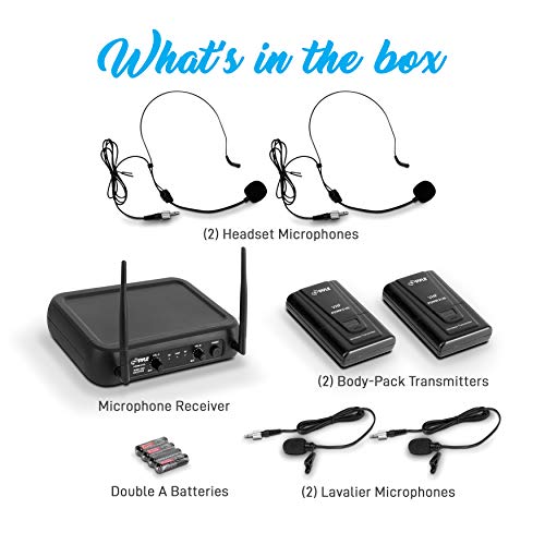 Pyle Dual Channel Wireless Microphone System - Vhf Fixed Dual Frequency Wireless Mic Receiver Set With 2 Lavalier, 2 Headset Mics, 2 Transmitter, Receiver - For Pa, Karaoke, Dj Party - Pyle #TOP6