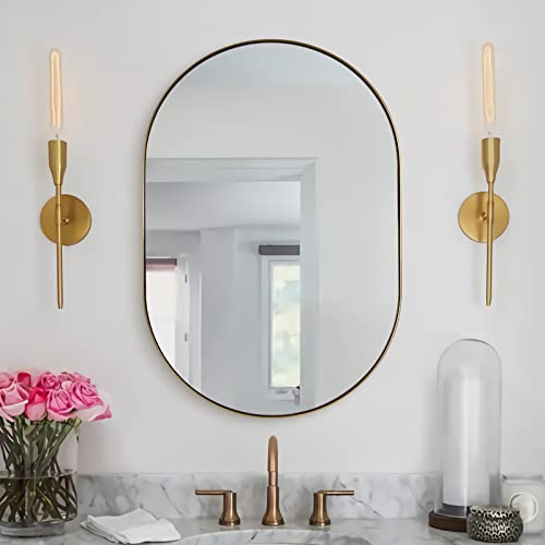Andy Star Gold Oval Mirror, Brass Mirror For Wall, Oval Mirrors For Bathroom In Stainless Steel Metal 1’’ Thin Frame Pill Shaped Mirror Hangs Vertical Or Horizontal Ideal For Limited Space #TOP7