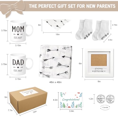 Image of Pregnancy Gifts for New Parents Est 2027- New Mom Gifts Basket for Pregnancy Announcement, Baby Shower - Mom & Dad Mugs, Decision Coin, Ultrasound Frame, Swaddle Blanket, Bib, Socks