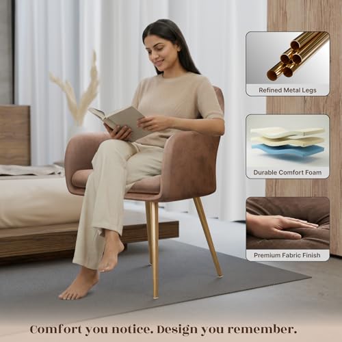 Image of Milano Velvet Comfort Dining Chair with Deep Cushion Seating, Strong Wooden Frame & Metal Support Legs for Dining, Living Room, Bedroom, Balcony & Office (Caramel Brown)