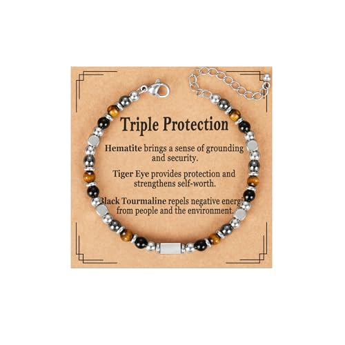Image of Natural Healing Crystal Bracelet for Women, Triple Protection Anxiety Relief New Beginnings Good Luck Empath Protection Jewelry Gift for Friends Daughter Mom 6.5+1.8 Inches