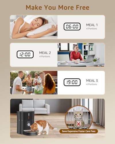 Balimo Futterautomat Katze 3L, Katzenfutter Automat mit Programmierbarem Timer, Futterautomat Hunde mit Nachtlicht, Fresh Lock Technologie, Edelstahlschüssel,1 bis 6 Mahlzeiten pro Tag, Schwarz