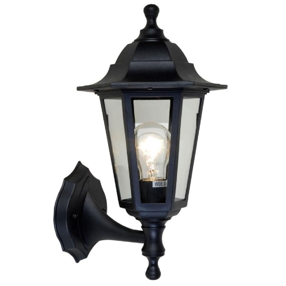 Britalia Black & Clear Glass Panel Outdoor Vintage Up Coach Lantern Wall Light | Ip44 Rated | 36Cm Height | 1 X Es E27 Lamp Required | Garden - Patio - Driveway | Uk Approved | Polycarbonate Coastal