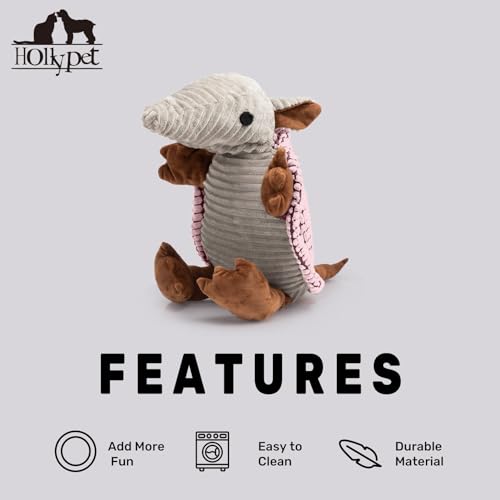 Image of Hollypet Plush Dog Squeaky Toy Stuffed Armadillo Animal Pet Puppy Chew Toys with Clean Teeth for Small Medium Large All Breed Sizes Dogs, Pink, 14 in