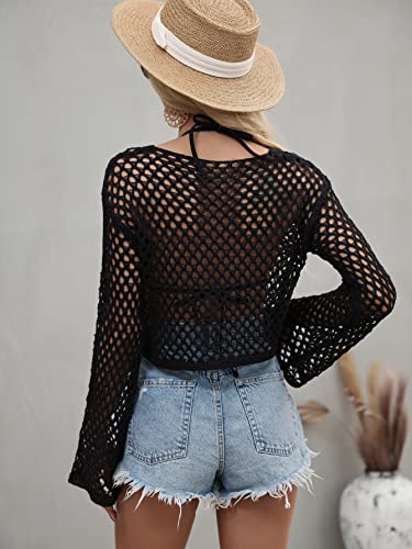 Image of Women Crochet Hollow Out Sweater See Through Fishnet Knit Pullover Cropped Tops