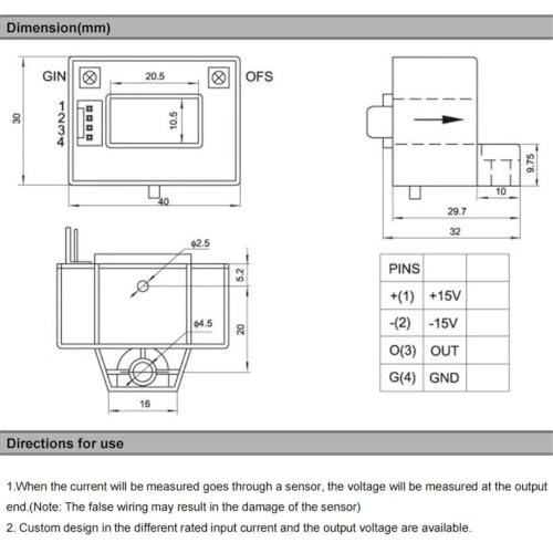 Sensor de corriente efecto Hall QNHC14 con salida simetrica de ±4V y aislamiento de 400A 3