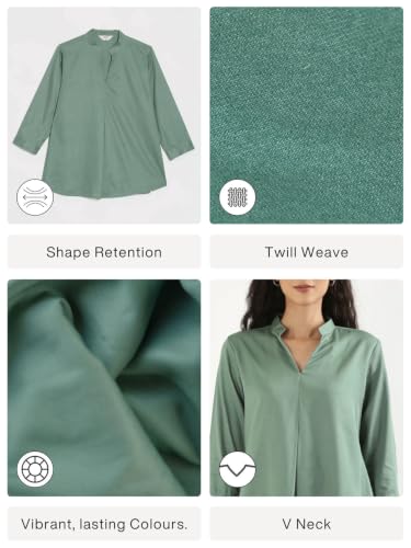 Image of SAADAA Top for Women, Viscose Pleated Tops, V-Neck with a Collar, 3 /4 Sleeve Length, Office & Casual Wear