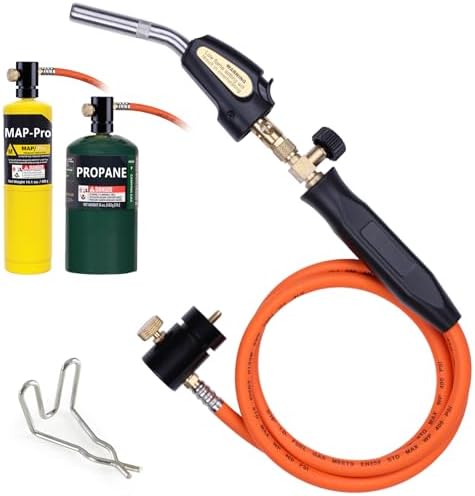 Propane Torch Kit With 3.6Ft Hose, Mapp Gas Trigger Start, Adjustable Flame Knob Near Head, Stainless Steel - Gift for Soldering, Brazing, Plumber, DIYer With Hook