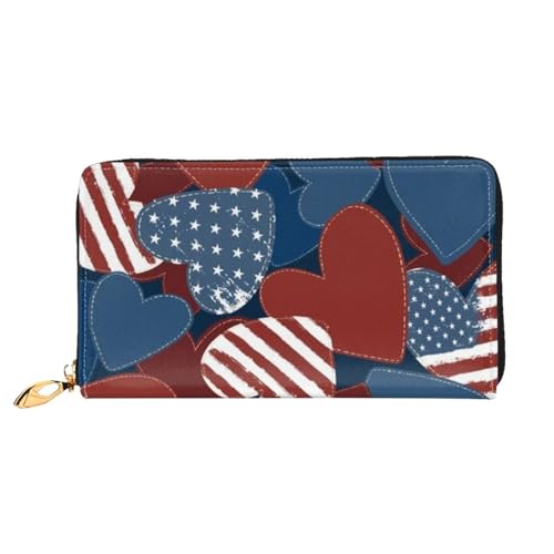 Leather Wallet For Women And Men American Flag Heart Clutch Purse Wristlet Bag Credit Card Holder Wallet