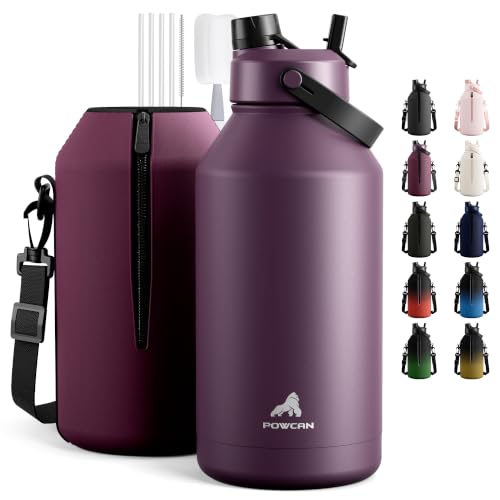 POWCAN 64 oz Insulated Water Bottle with 2-in-1 Straw & Spout Lid, Leakproof, Top Handle, Keep Cold 48H, BPA-Free, Brush, Metal Water Bottle with Carrier Bag for Work, Sports, Travel and Gym (Plum) - image 1