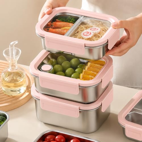 Image of Motka Premium 600 ml Divided Bento Lunch Box | 316L Stainless Steel 2 Compartment with Detachable Leak-Proof Locking Lid | Airtight Tiffin Box for Kids, School, Office & Travel (Pink)