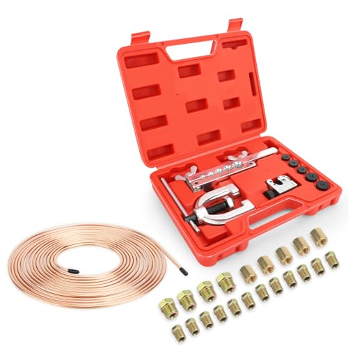 WODHMIEY Brake Pipe Flaring Tool Kit with 25ft 3/16 Copper-Plated Steel Brake Line, 16 Fittings, 5 Nuts, Tubing Cutter & Flaring Adapters for Automotive Hydraulic Brake Fuel Transmission Line Repair