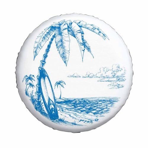 Image of Palm Trees and Sea View Spare Tire Cover Surfing Background Blue Line Drawing Wheel Covers for RV Tires Camper Tire Case Protectors for Trailer Rv SUV Truck Travel Trailer 17 in