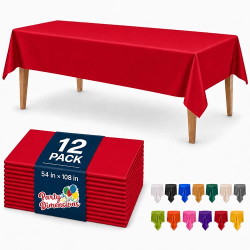 Image of Party Dimensions Red Tablecloth Disposable Plastic Table Cover for Rectangle Tables (12 Pack) Premium Plastic Table Cloths for Parties, Events & Weddings, Indoors /Outdoors, 54 inchx108 inch