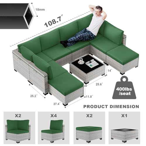 Image of Outdoor PE Wicker Rattan Modular Patio Sectional Sofa Set | 9-Piece: 6 Modular Seats, Coffee Table & 2 Ottomans, Dark Green