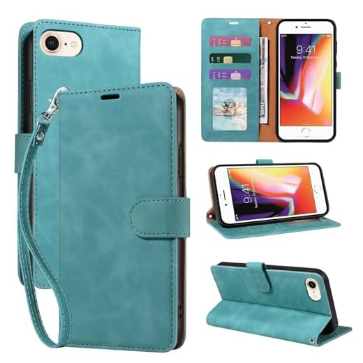 JHWVVTF for iPhone SE 2020/2022 Case Wallet, for iPhone 6/6S/7/8 Case, [RFID Blocking 3 Card Slots] 2025 Soft PU Leather Phone Cover, Wrist Strap, Shockproof Protective, Stand Flip (Green)