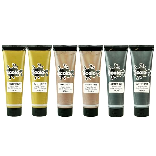 Scola Pitture per stampa a blocchi a base d'acqua, 6 colori metallici assortiti, bottiglie da 300 ml, materiale scolastico, progetti artistici e artigianali, progetti artigianali per bambini, ideali