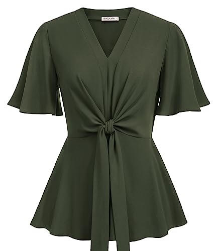 Image of GRACE KARIN Women's Elegant V-Neck Tie Waist Flowy Peplum Shirt Tops