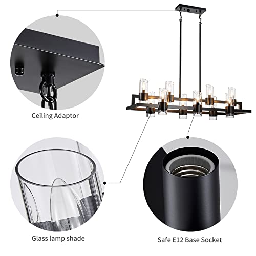 Image of WUZUPS Island Rectangle Chandelier 10-Light with Clear Glass Industrial Modern Farmhouse Linear Light Fixture for Dining Room Kithen Island, Width 42.5 inch Height 10.4 inch, Black