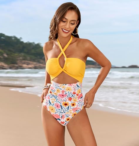 Women's High Waisted Halter Swimsuit with Floral Print - Sexy One-Piece Bathing Suit for Summer