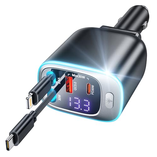 Rolgno Rétractable Chargeur Allume Cigare USB C, [Charge Rapide 4 Ports] Chargeur Voiture 72W, Prise Allume Cigare 12V PD30W&QC3.0, Câbles Doubles 65cm Adaptateur Allume Cigare pour iPhone/Galaxy/iPad