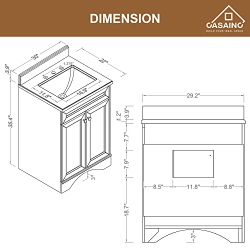 Casainc 30 In Bathroom Cabinet, Traditional Brown Wood (100% Fir) Bathroom Storage Cabinet, Freestanding Cabinet With 2 Doors With Carrara Marble Sink Vanity Top #TOP6