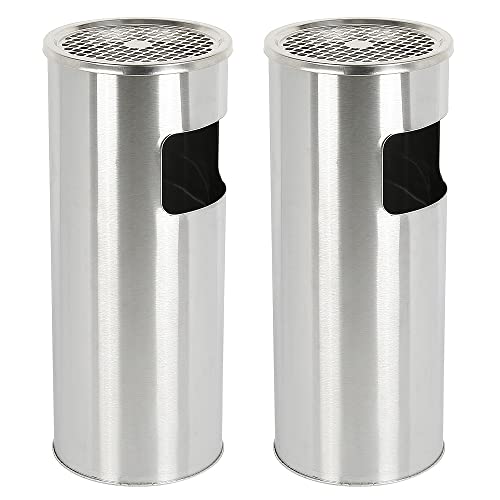 HUOLE Papelera-Basurero con Cenicero de Pie, Cubo Interior Extraíble, Cubo de Basura de Acero Exterior para la Oficina, el Hotel y el Jardín (Plata-2PC)