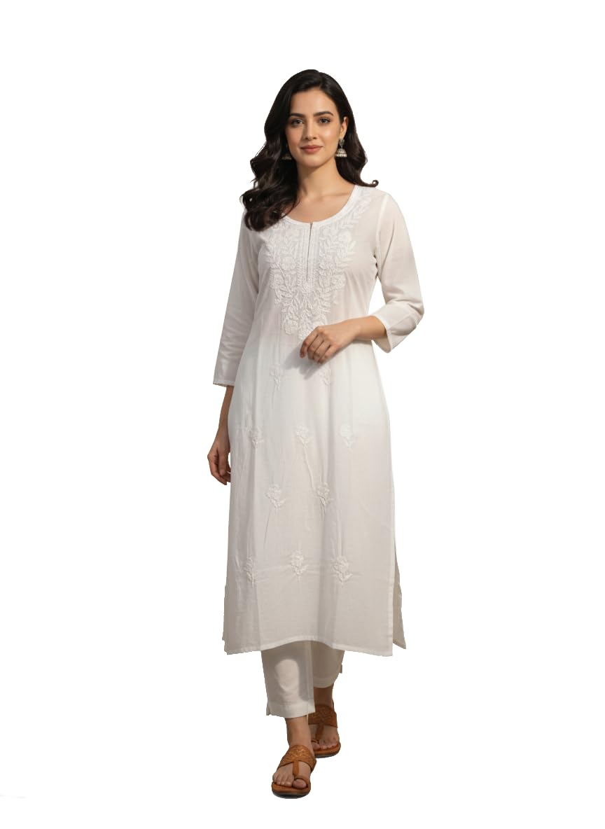 Pure Cotton White Chikankari Kurti Stylish Ladies' Lucknowi Embroidered Ethnic Kurti for Office-image-0