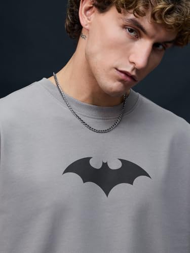 Image of The Souled Store Batman: to The Rescue Men and Boys Short Sleeves Round Neck Grey Graphic Printed Cotton Oversized T-Shirts