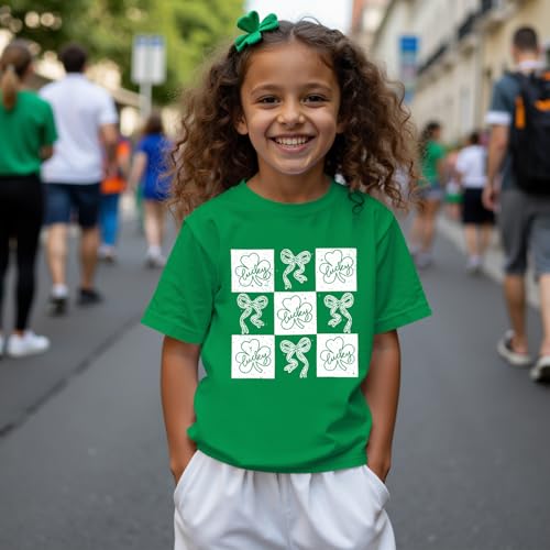 Image of Kid Girls St. Patricks Day Shirts Bow Lucky T-Shirt Shamrock Tees Clover Short Sleeve Tops Irish Outfits 7-12 Years